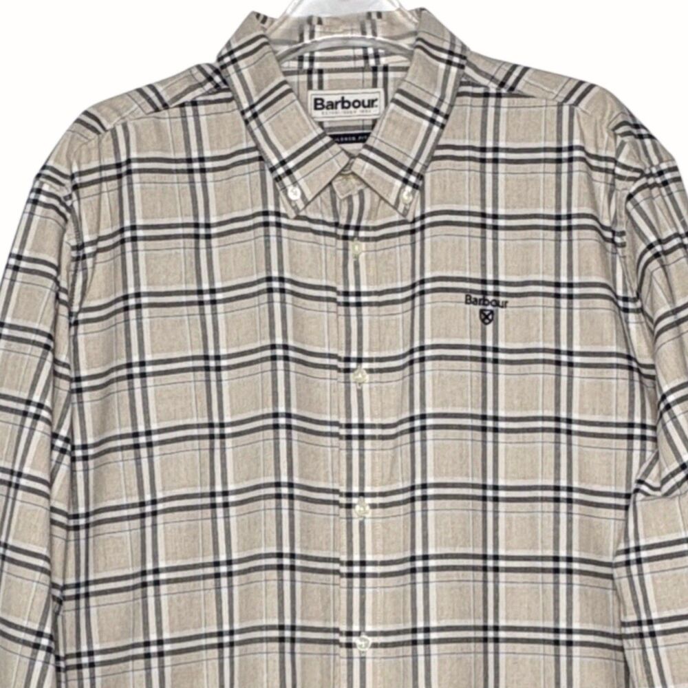 Barbour Mens XL Tailored Fit Plaid Button Down Shirt Beige Long Sleeve 48" Chest